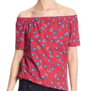 Banana Republic Red Floral Top Womens Large Blue Pattern Short Sleeves
